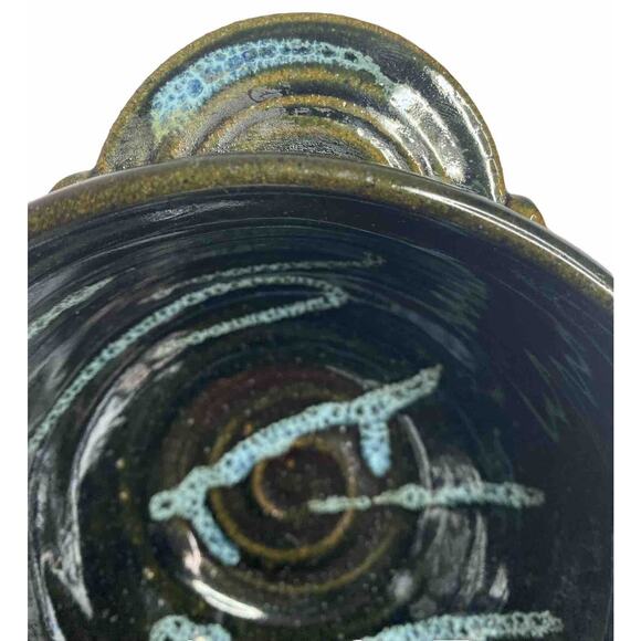 VTG Dough Bowl Studio Pottery Batter Spout Black Blue Signed Boho Whimsygoth 70s - Picture 12 of 15